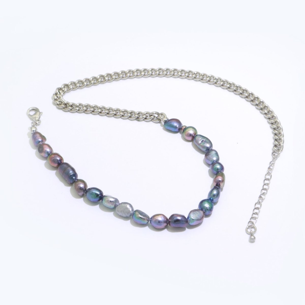 OS Rainbow Peacock Fresh Water Baroque Pearl Silver Curb Chain Link Necklace Unisex Jewelry | WA-267 Clearance Pricing - DLUXCA