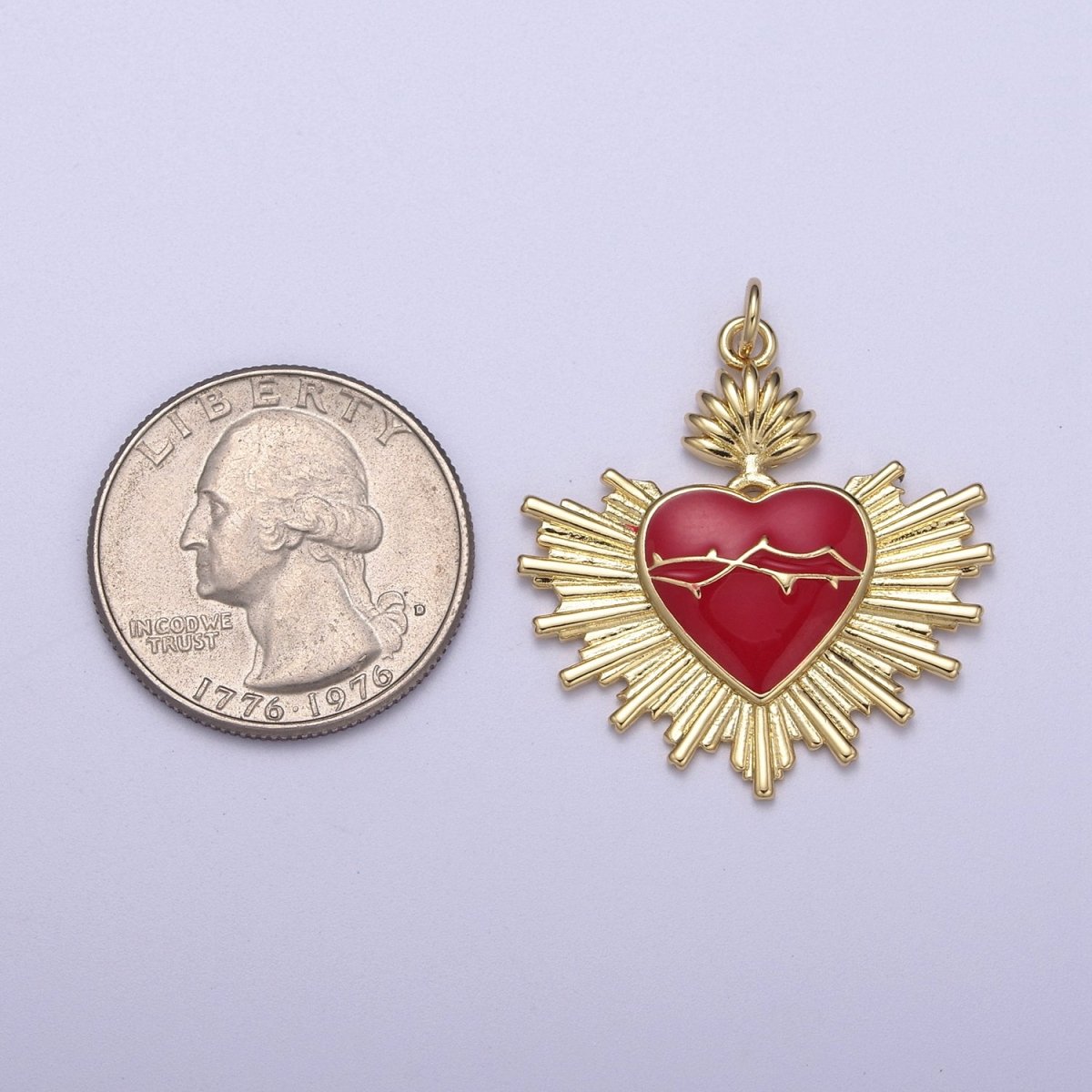 OS Red Enamel Gold Heart Shape Pendant, 14K Gold Filled Sunburst Sun Ray Dainty Gold Statement Charm N-301 - DLUXCA