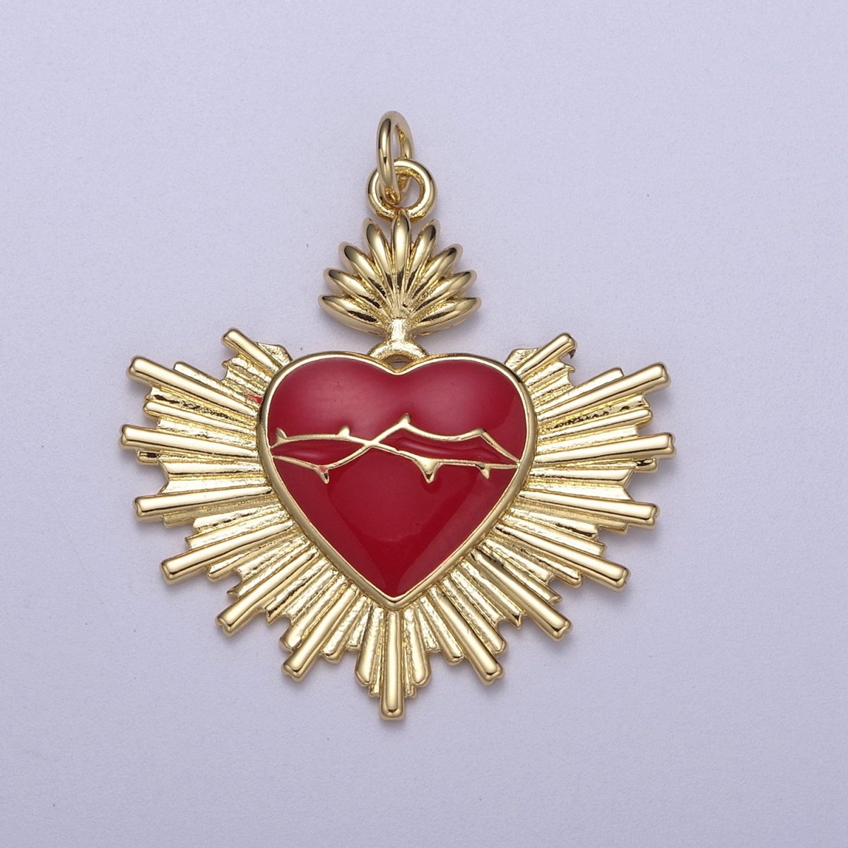 OS Red Enamel Gold Heart Shape Pendant, 14K Gold Filled Sunburst Sun Ray Dainty Gold Statement Charm N-301 - DLUXCA