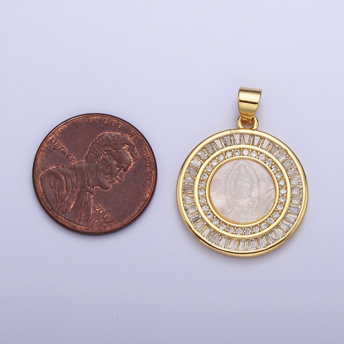 OS SELL AS IS | Mother of Pearl Miraculous Mary Micro Paved Clear/Pink Baguette Lined Round Medallion I-324 - DLUXCA