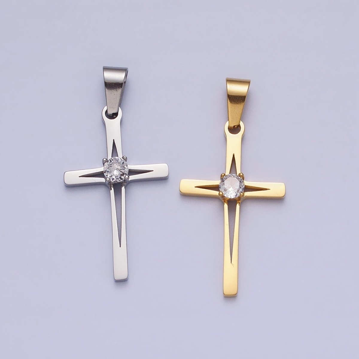 OS Stainless Steel Religious Cross Star Clear CZ Pendant in Gold & Silver J-797 J-798 - DLUXCA