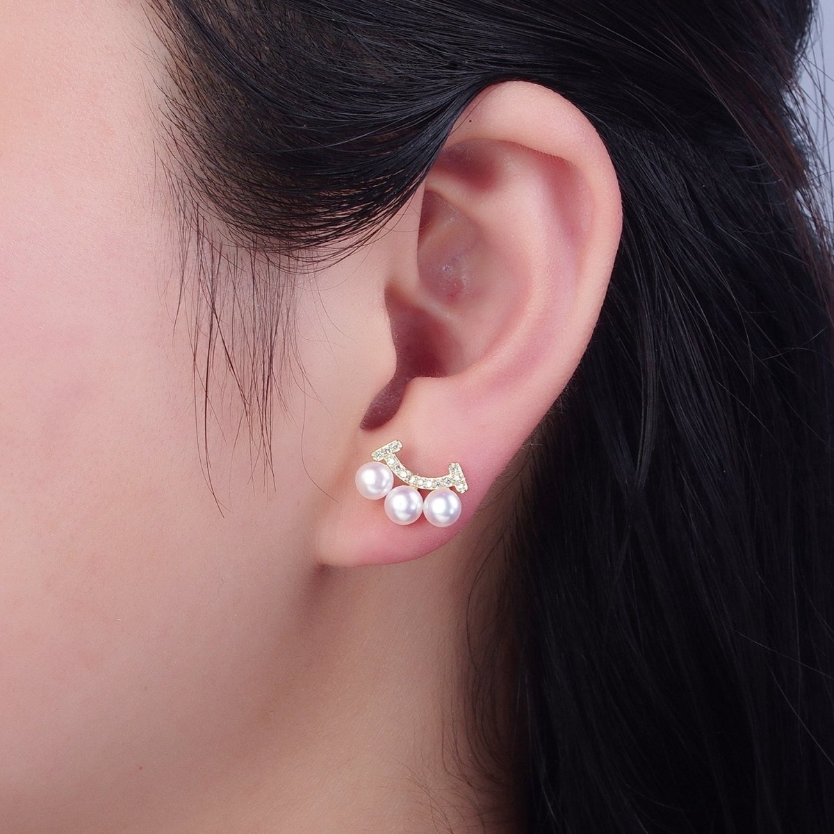 OS Three White Pearl Stud Earring with Gold Pave Smile for Wedding Jewelry T-528 - DLUXCA