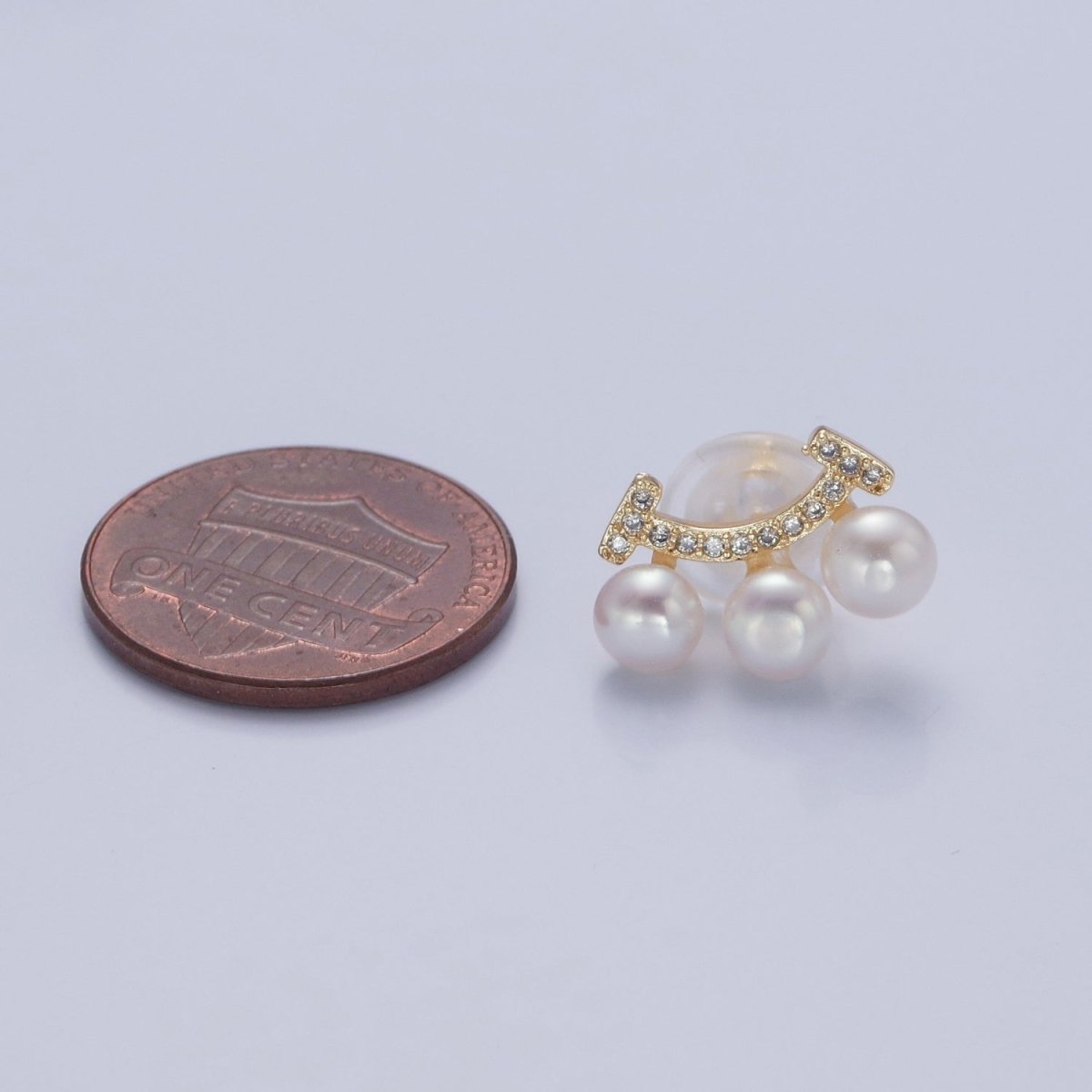 OS Three White Pearl Stud Earring with Gold Pave Smile for Wedding Jewelry T-528 - DLUXCA