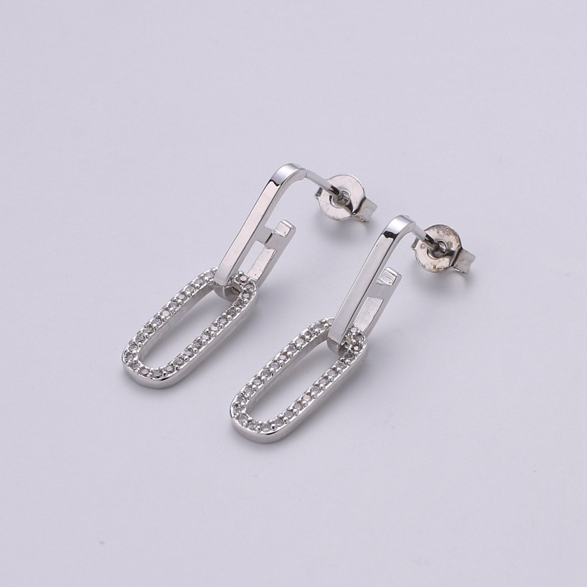 OS White Gold Filled Paperclip Micro Paved CZ Link Stud Drop Dangle Silver Earrings | K-802 - DLUXCA