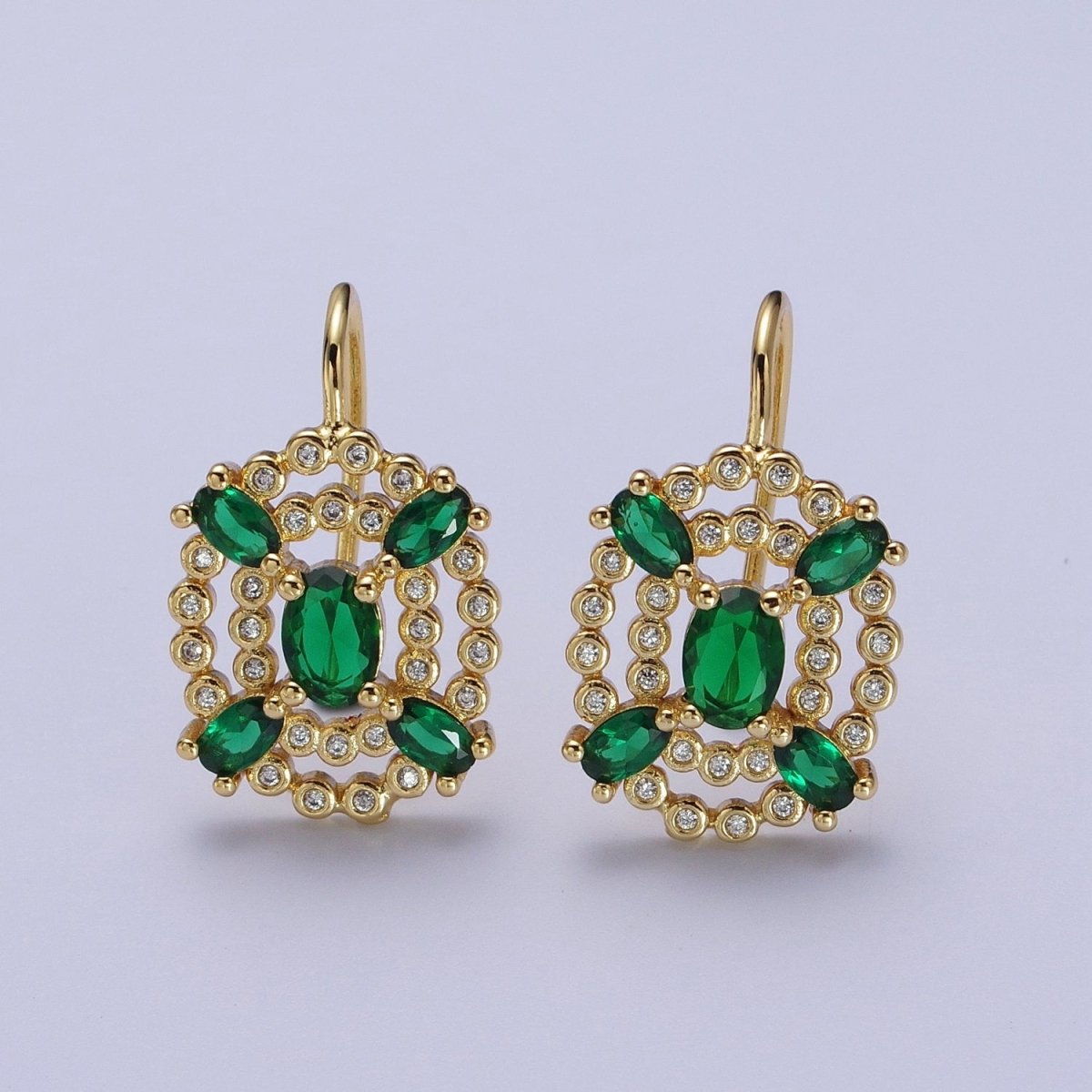 Oval Emerald Green French Hook Earring Circular Cubic Zirconia Drop CZ Gold Earrings | Y-118 - DLUXCA