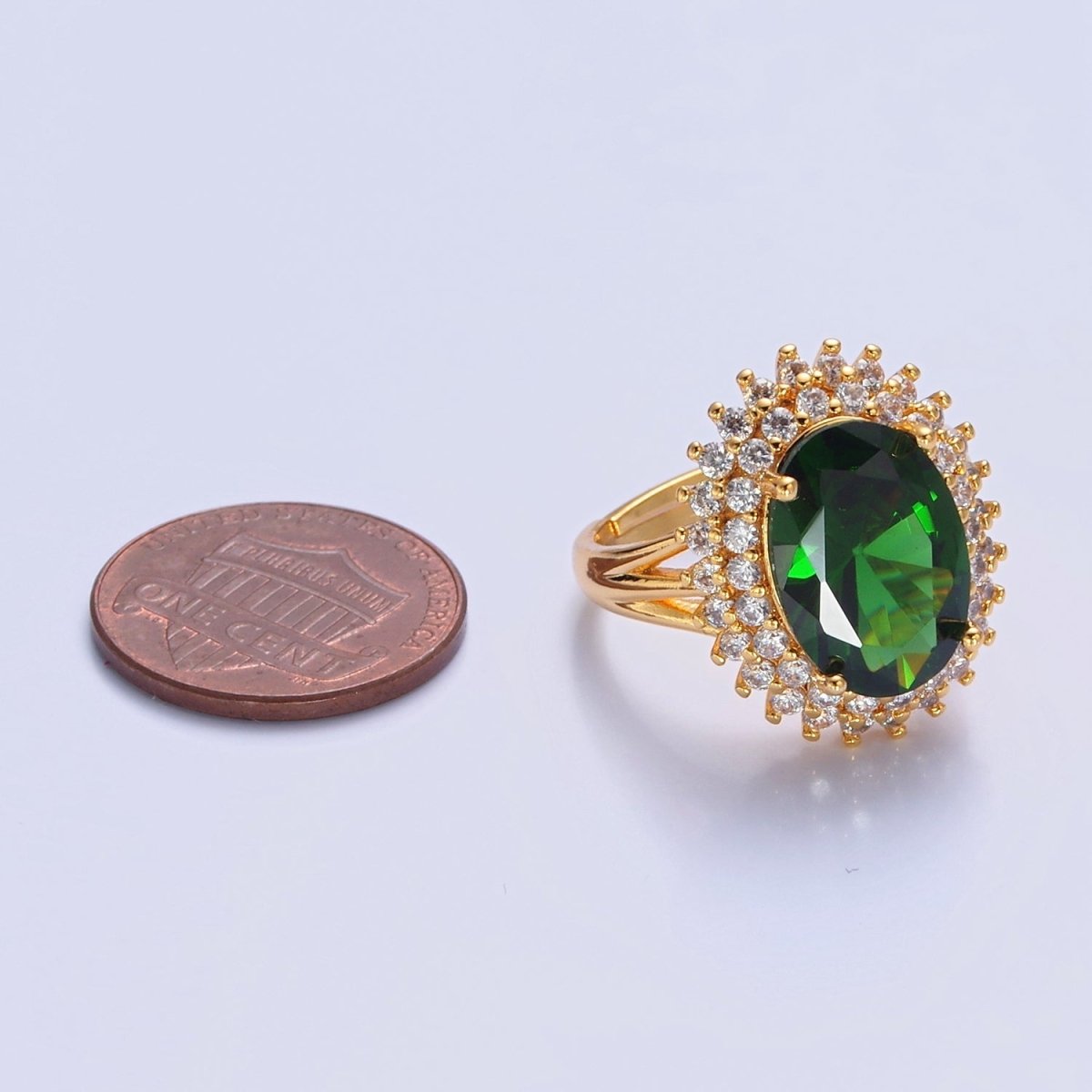 Oval Emerald Green Sunburst Celestial Sun Micro Pave Clear CZ Cubic Zirconia Ring O-766 - DLUXCA