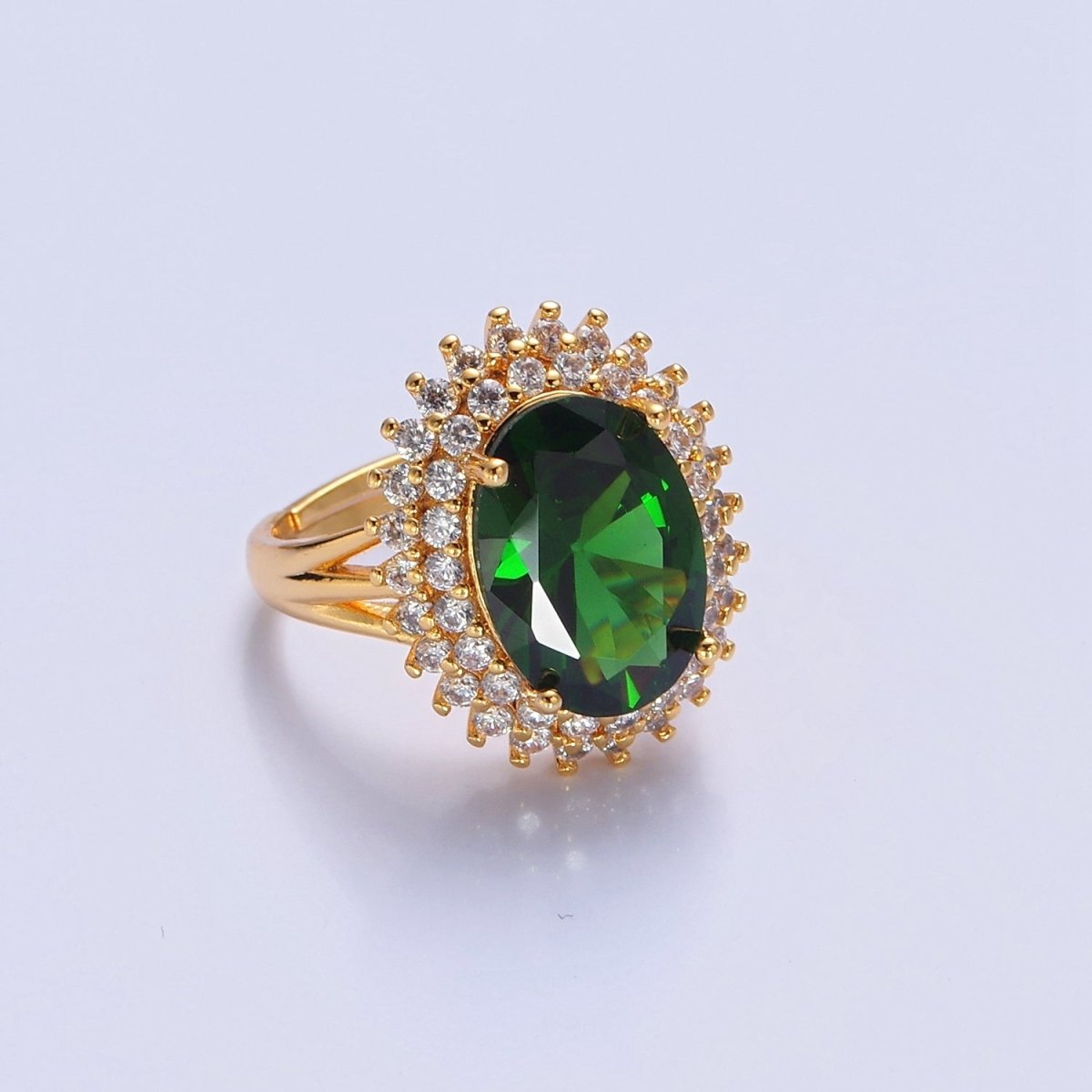 Oval Emerald Green Sunburst Celestial Sun Micro Pave Clear CZ Cubic Zirconia Ring O-766 - DLUXCA