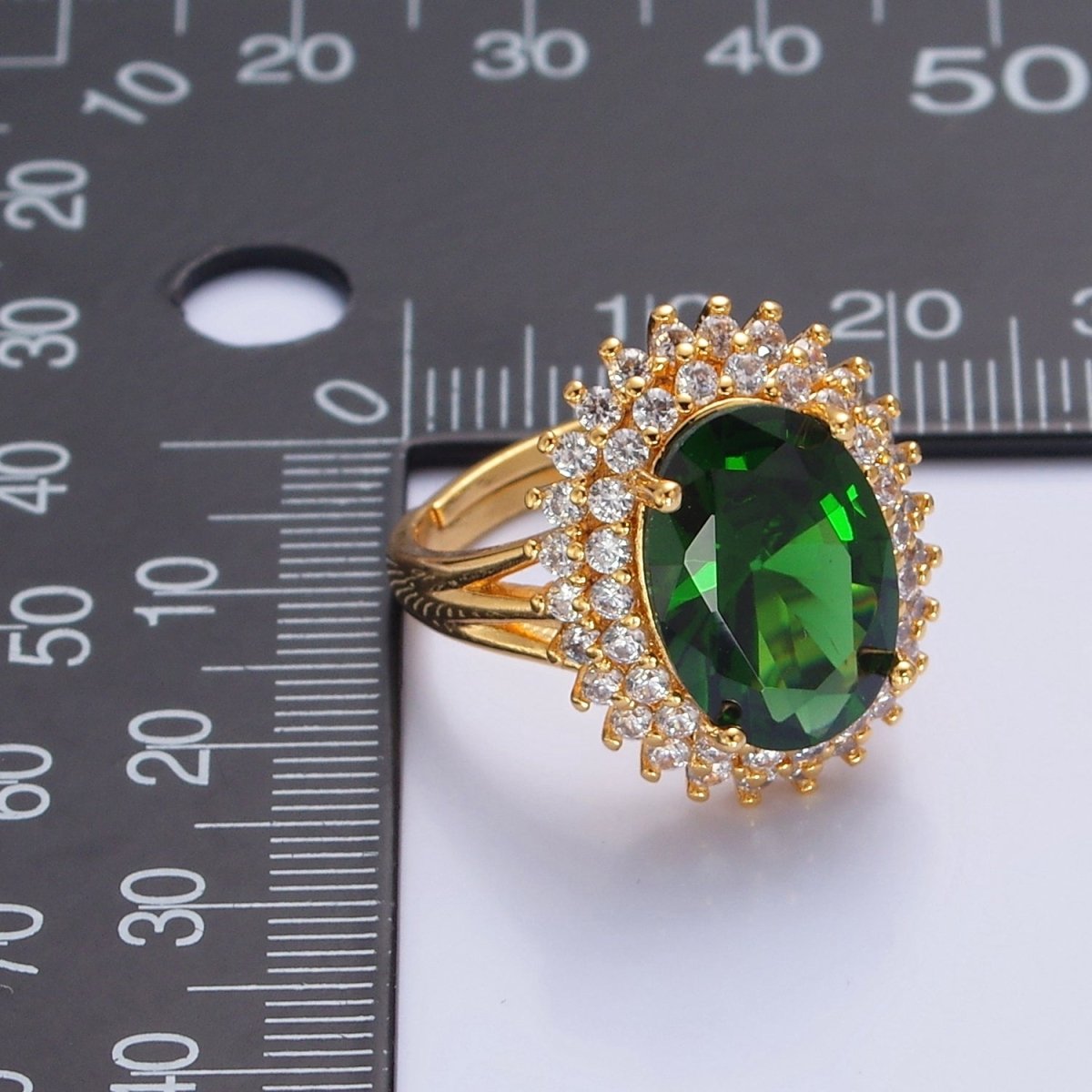 Oval Emerald Green Sunburst Celestial Sun Micro Pave Clear CZ Cubic Zirconia Ring O-766 - DLUXCA