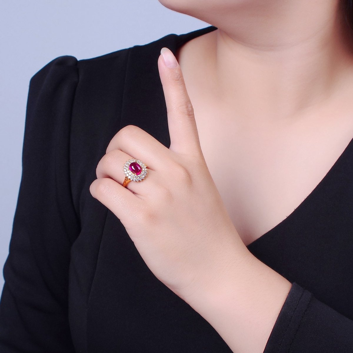 Oval Fuchsia Pink Jade Ring, Cubic Zirconia Sunflower Ring O-775 - DLUXCA