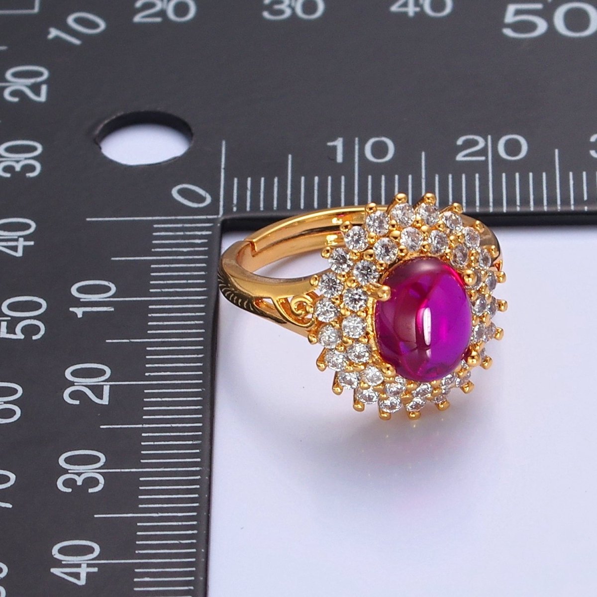 Oval Fuchsia Pink Jade Ring, Cubic Zirconia Sunflower Ring O-775 - DLUXCA