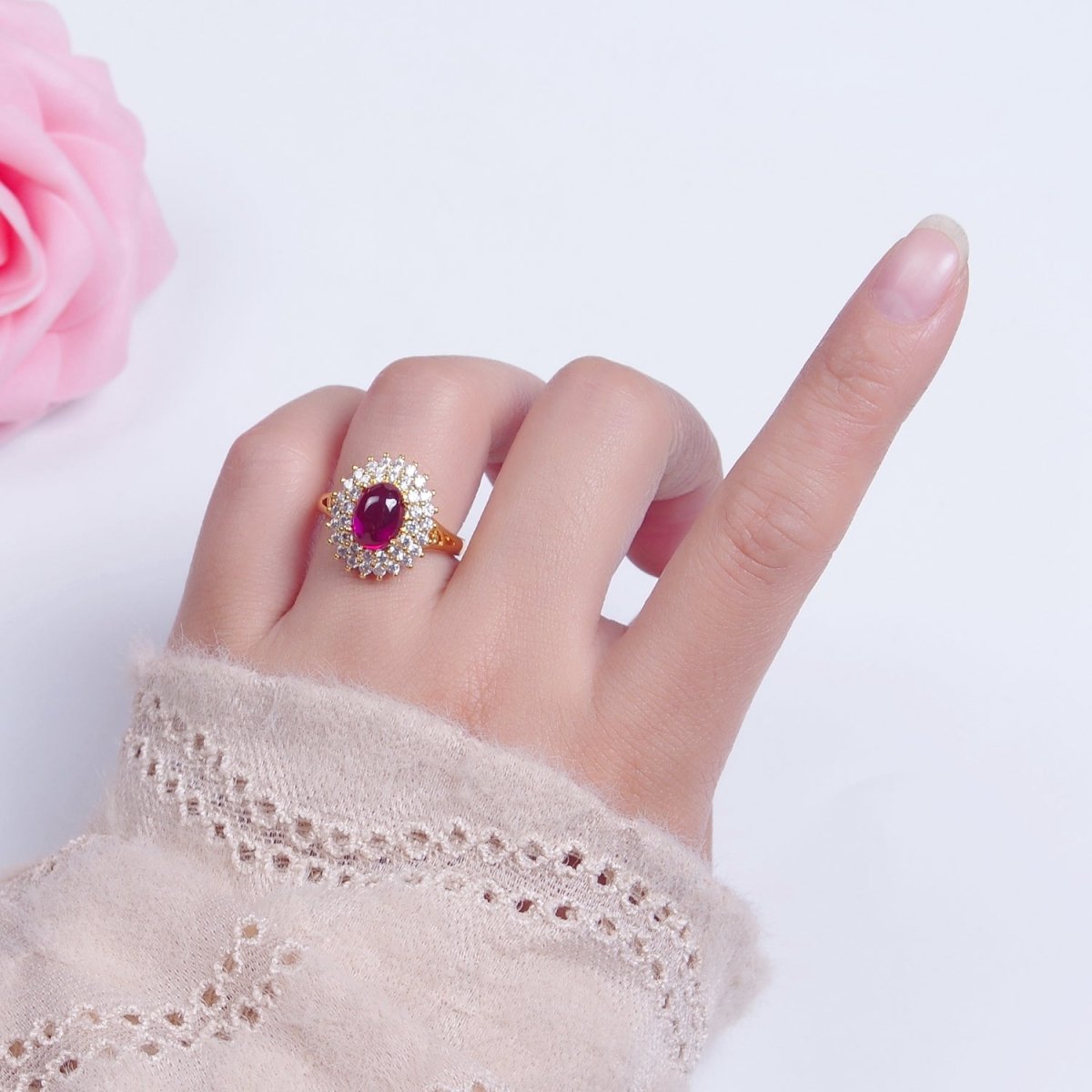 Oval Fuchsia Pink Jade Ring, Cubic Zirconia Sunflower Ring O-775 - DLUXCA