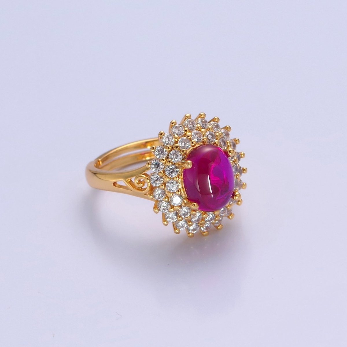 Oval Fuchsia Pink Jade Ring, Cubic Zirconia Sunflower Ring O-775 - DLUXCA