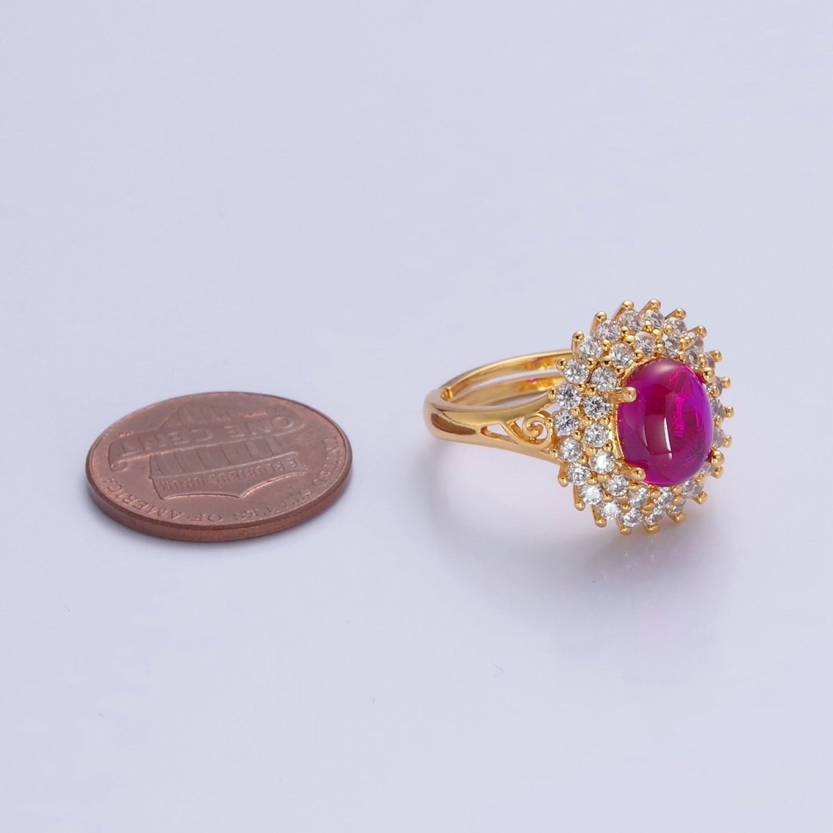 Oval Fuchsia Pink Jade Ring, Cubic Zirconia Sunflower Ring O-775 - DLUXCA