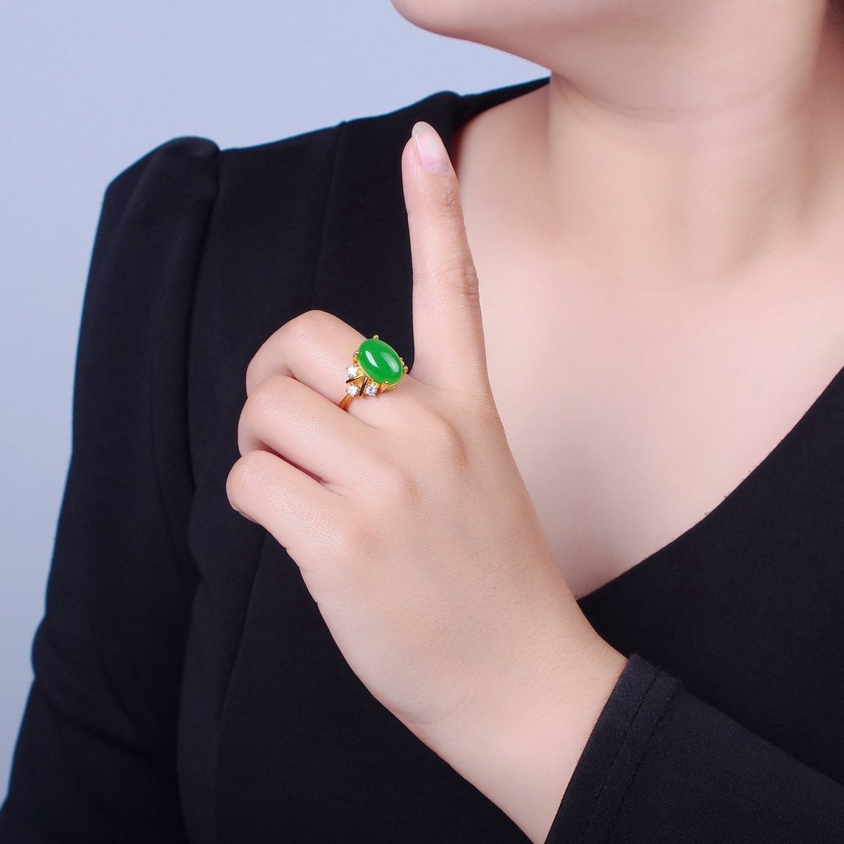 Oval Green Jade Statement Ring, O-2299 - DLUXCA