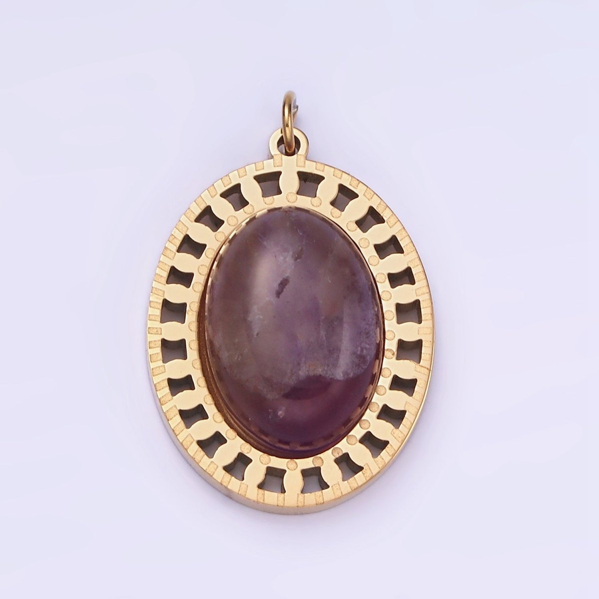 Oval Purple Amethyst Gold Stainless Steel Charm Medallion Pendant | P1405 - DLUXCA