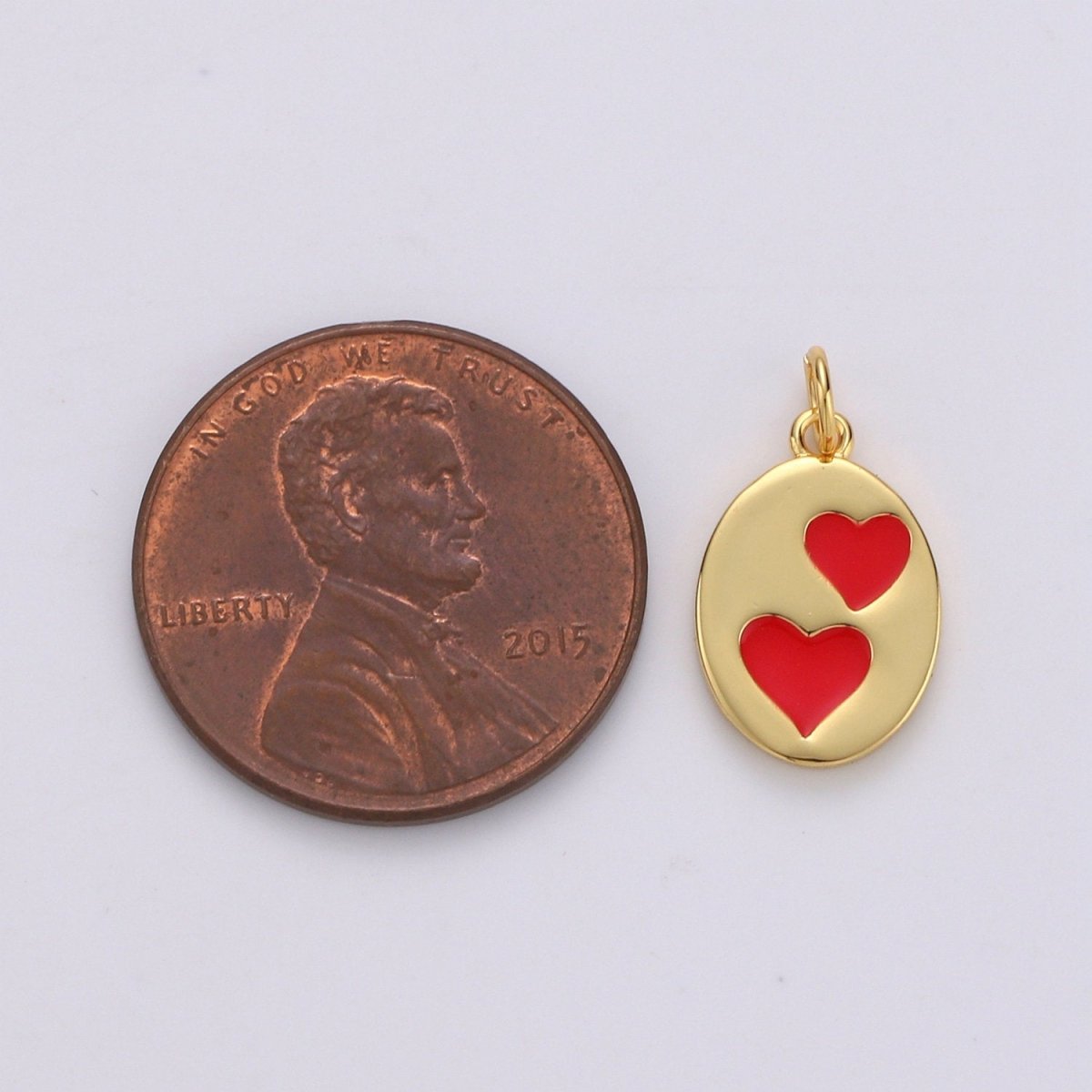 Oval Red Heart Charm - Dainty Gold Double Heart Add On Charm - Dainty Heart - Love Inspired Gold Filled Heart Pendant Couple Jewelry D-713 - DLUXCA