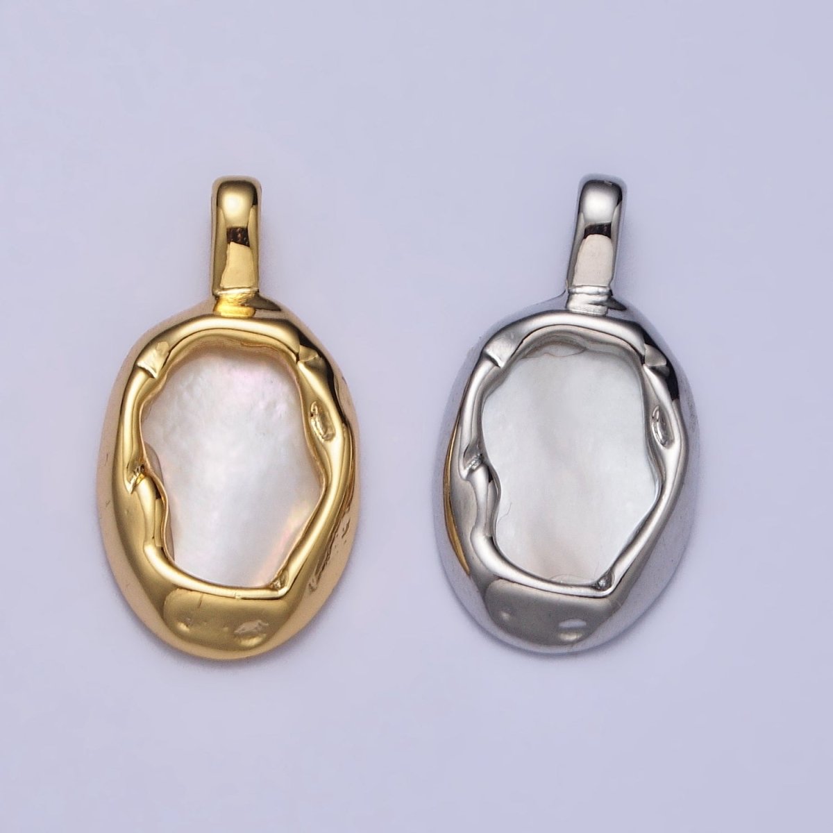 Oval Shell Pearl Hammered Framed Pendant in Gold & Silver | AA093 AA094 - DLUXCA