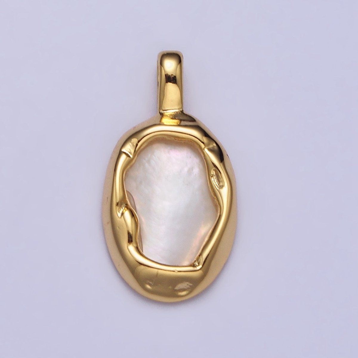 Oval Shell Pearl Hammered Framed Pendant in Gold & Silver | AA093 AA094 - DLUXCA