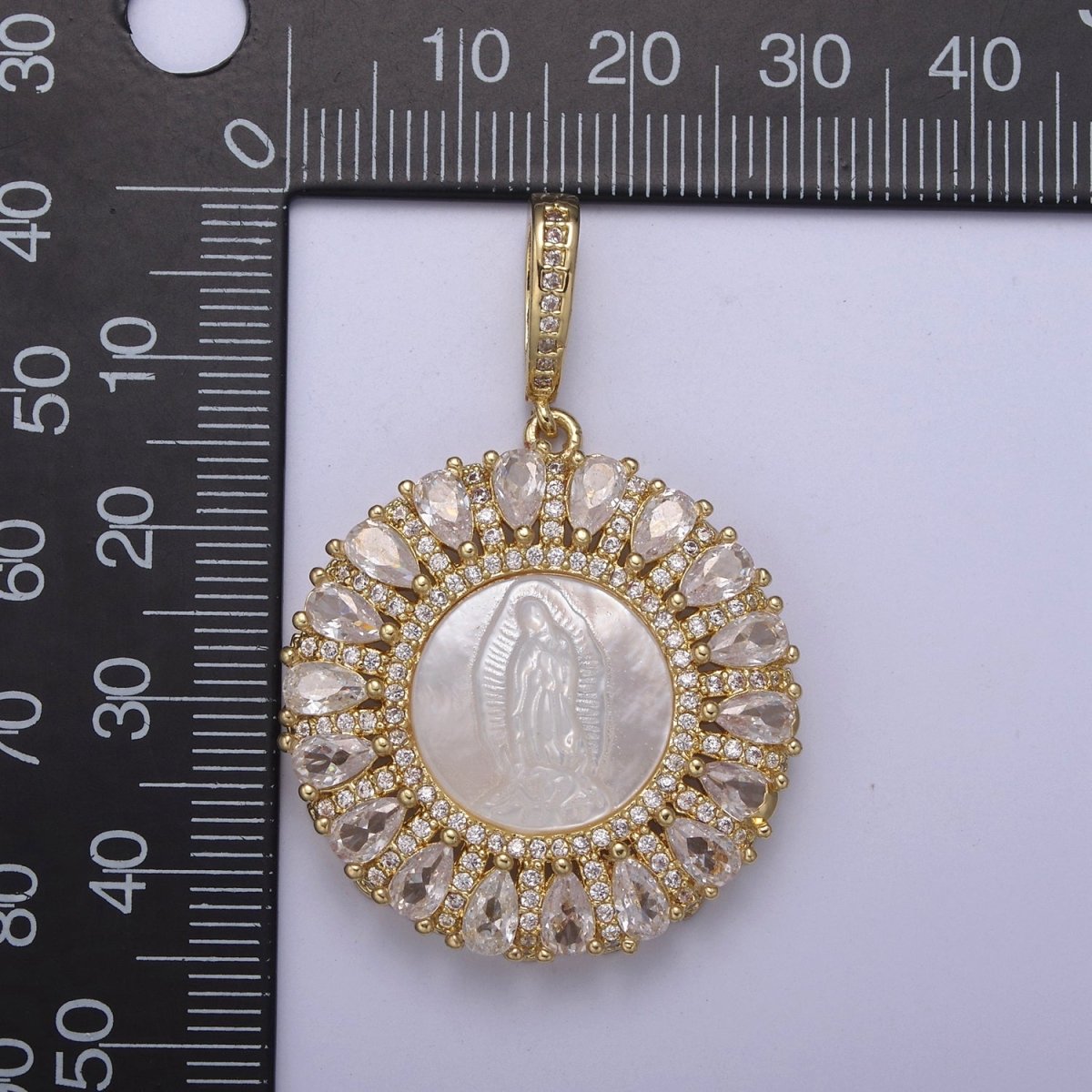 OZ CZ Micro Pave Lady Guadalupe On Round Coin Pearl Charms, 14K Gold Filled Virgin Mary Pendant, Mother of Pearl Necklace Charm, 42.5x30mm H-403 - DLUXCA