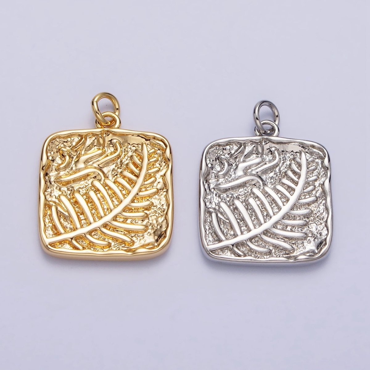 Palm Leaf Plant Stamped Hammered Square Add-On Charm in Gold & Silver | A-780 AC-227 - DLUXCA