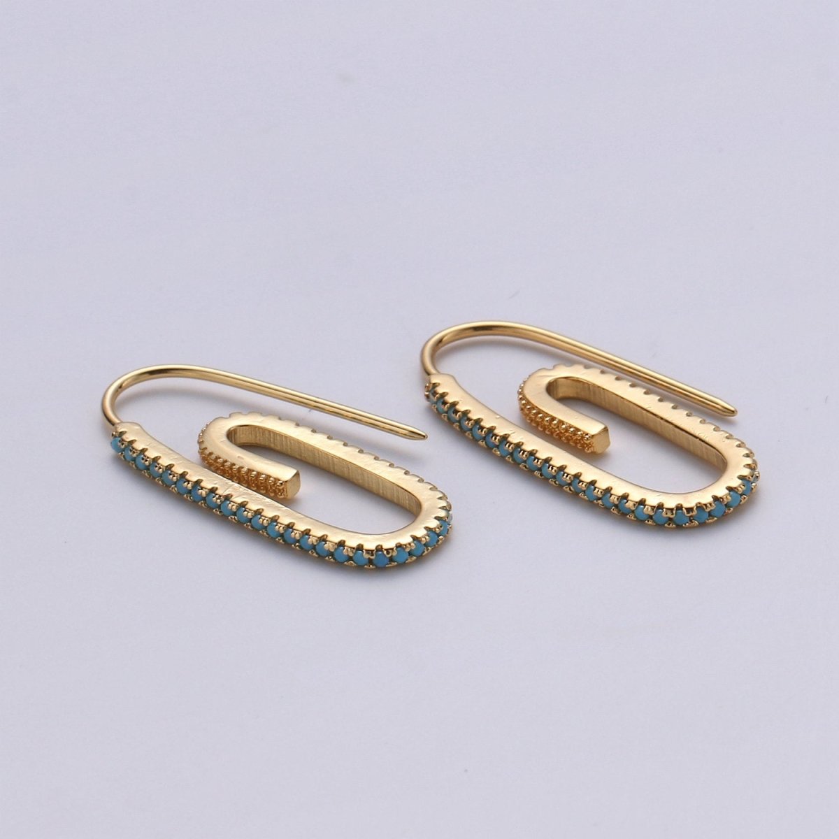 Paper Clip Earrings, Micro Pave Paper Clip Earrings, Trend Jewelry, Gold Hoop Earrings Clear, Green Black Blue Purple CZ Earring K-633 K-636 - K-638 - DLUXCA