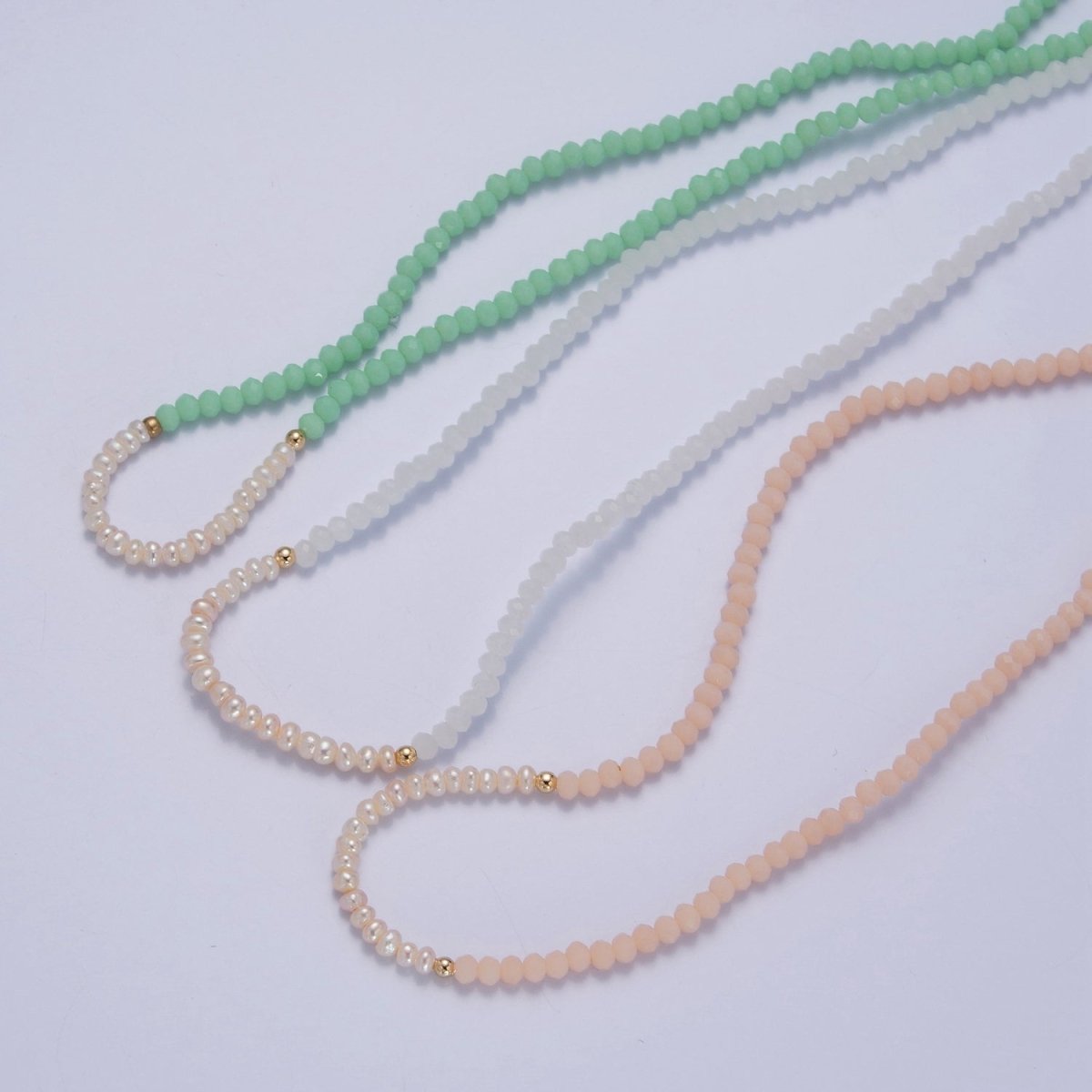 Pastel Color Glass Beaded Necklace Faceted Rondell Beads with Fresh Water Pearl Necklace | WA-1039 to WA-1041 Clearance Pricing - DLUXCA