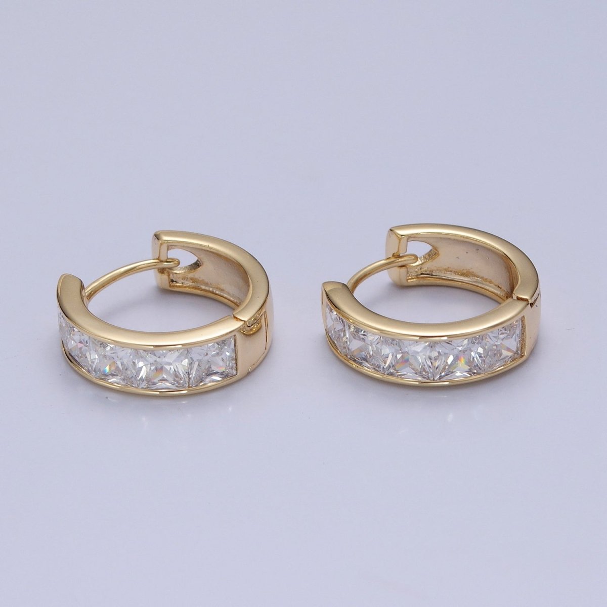 Pastel, Neon, Clear, Checkered Square CZ Lined Wide 16mm Gold Huggie Hoops Earrings | P-369~P-372 - DLUXCA