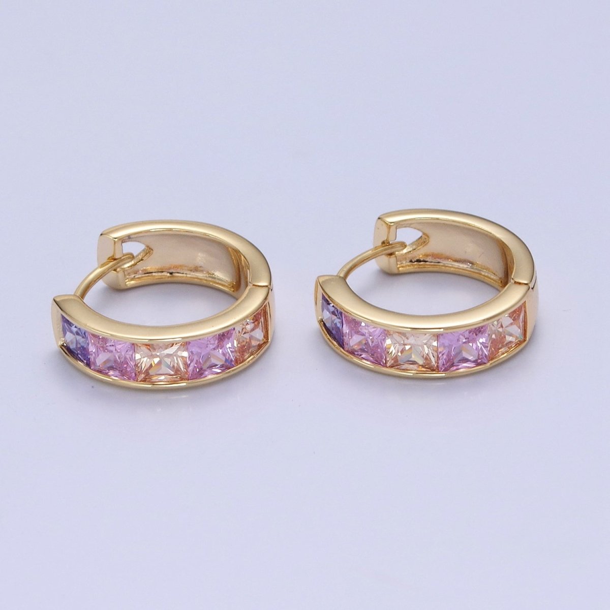 Pastel, Neon, Clear, Checkered Square CZ Lined Wide 16mm Gold Huggie Hoops Earrings | P-369~P-372 - DLUXCA