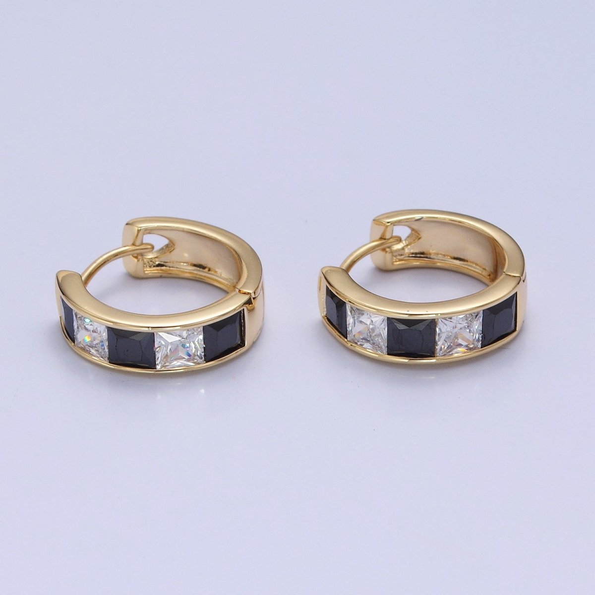 Pastel, Neon, Clear, Checkered Square CZ Lined Wide 16mm Gold Huggie Hoops Earrings | P-369~P-372 - DLUXCA