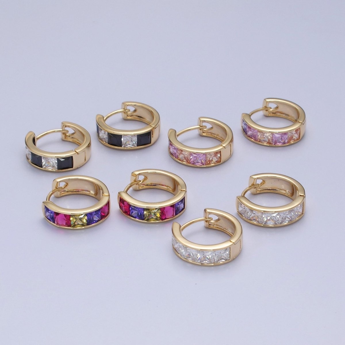 Pastel, Neon, Clear, Checkered Square CZ Lined Wide 16mm Gold Huggie Hoops Earrings | P-369~P-372 - DLUXCA