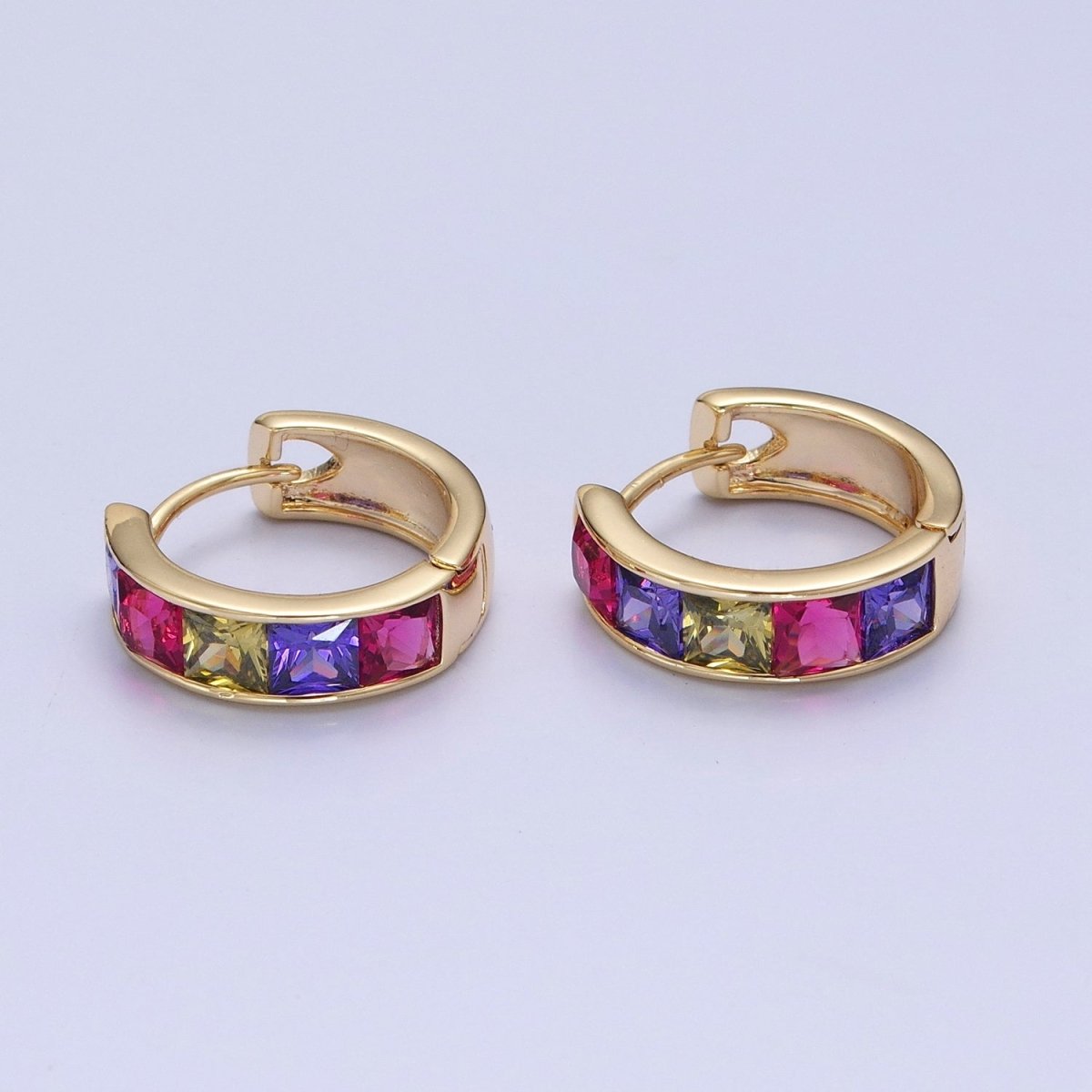 Pastel, Neon, Clear, Checkered Square CZ Lined Wide 16mm Gold Huggie Hoops Earrings | P-369~P-372 - DLUXCA