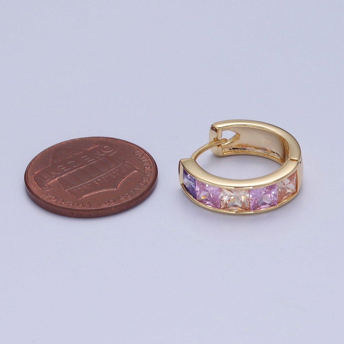 Pastel, Neon, Clear, Checkered Square CZ Lined Wide 16mm Gold Huggie Hoops Earrings | P-369~P-372 - DLUXCA