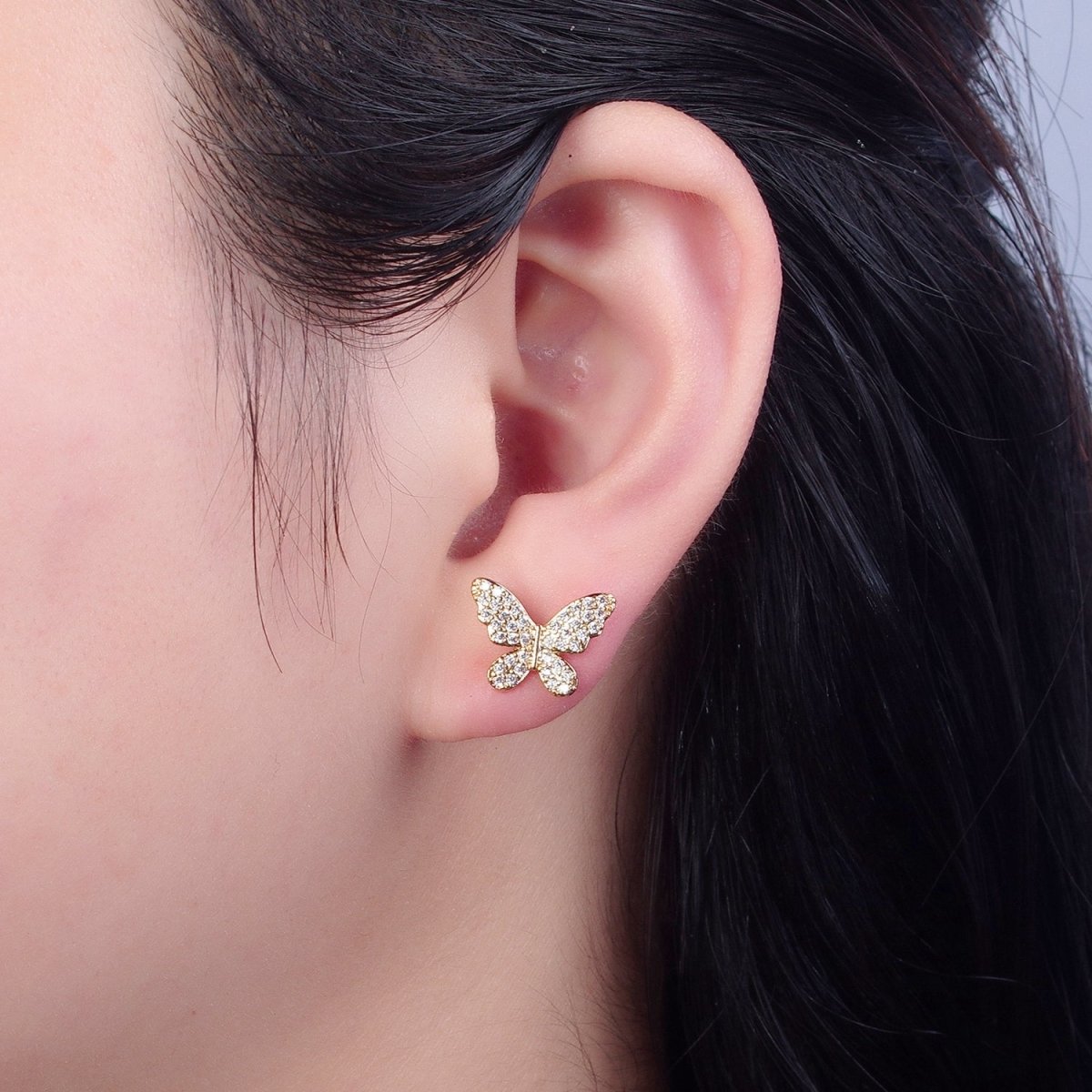 Pave Gold Butterfly Stud Earring V-396 - DLUXCA