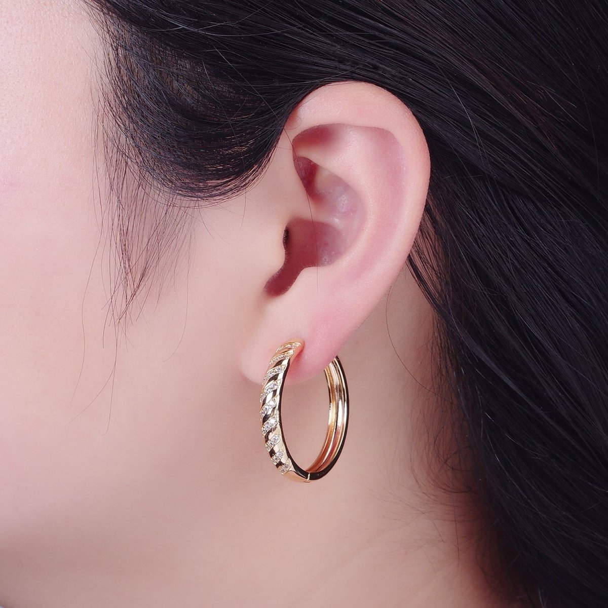 Pave Stripes Gold Hoop Earring T-434 - DLUXCA