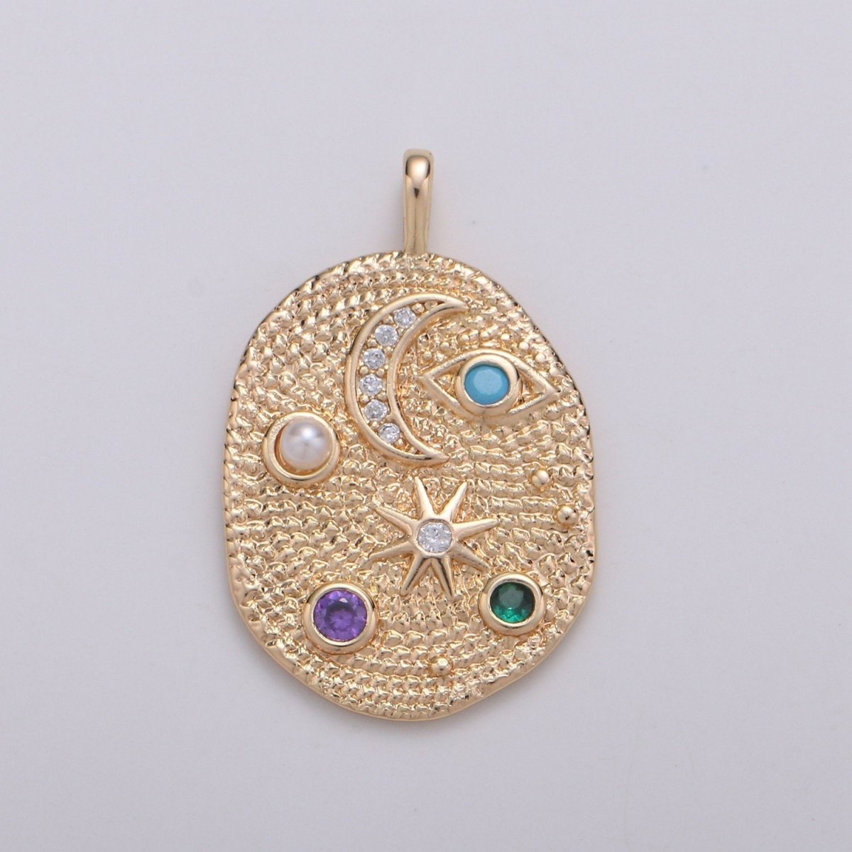 Pearl and Multi color CZ Planet in the Ovum Universe Pendant 14K gold Filled Charm, Star, Crescent Moon, Galaxy, DIY Jewelry Necklace making, D-739 - DLUXCA