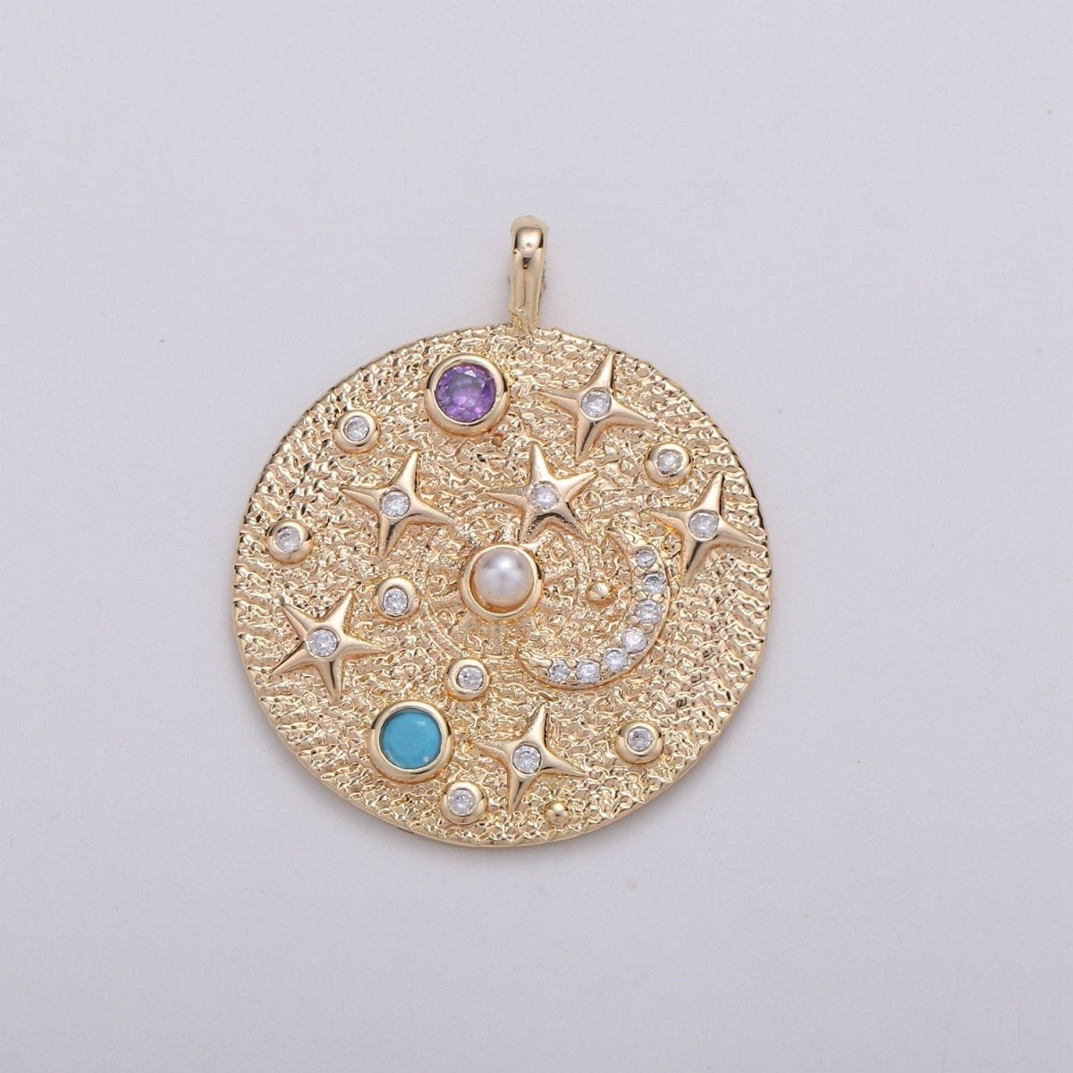 Pearl and Multi color CZ Planet in the Universe Round Pendant 14K gold Filled Charm, Star, Cresent Moon, Galaxy, DIY Jewelry Necklace making D-737 - DLUXCA