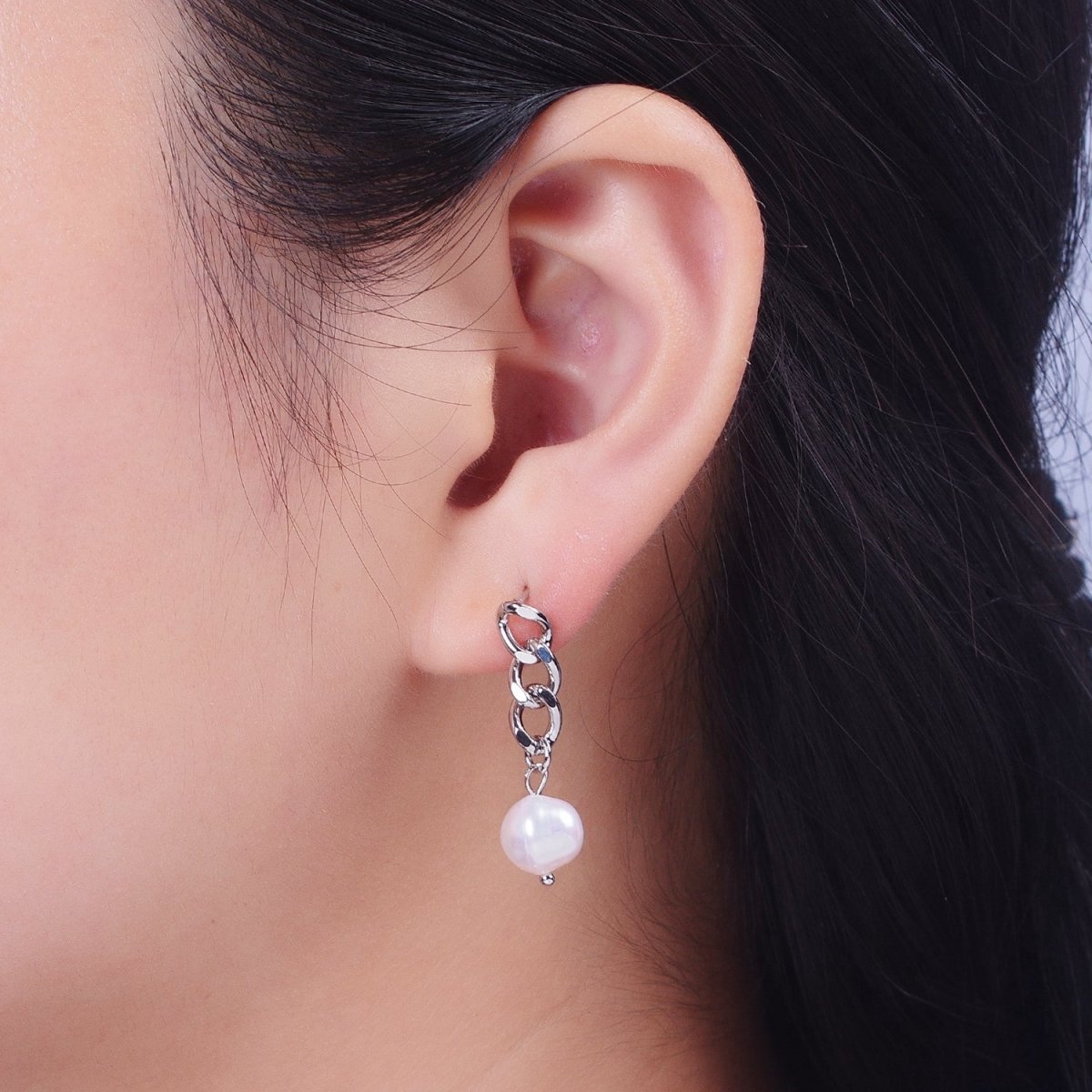 Pearl Dangle Earrings / Chain Earrings Gold Silver Pearl Earrings Stud Earring Curb Chain AE-1082 AE-1083 - DLUXCA