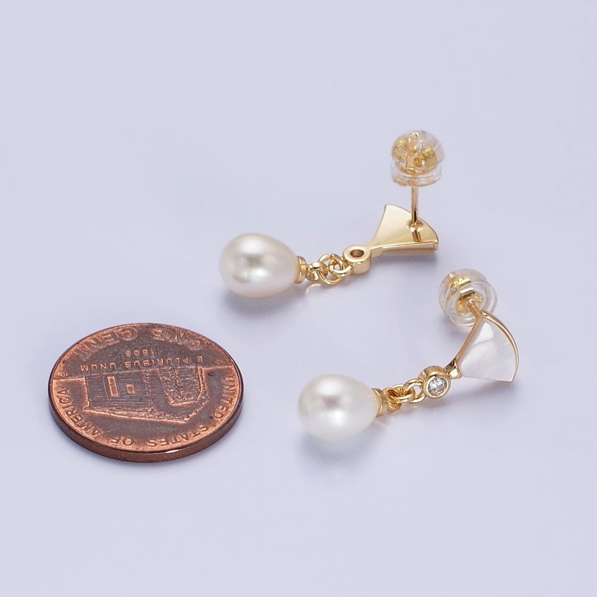 Pearl Drop Earrings Dainty Fan Shell Pearl Stud Earring with Dangling Pearl Charm AB724 - DLUXCA