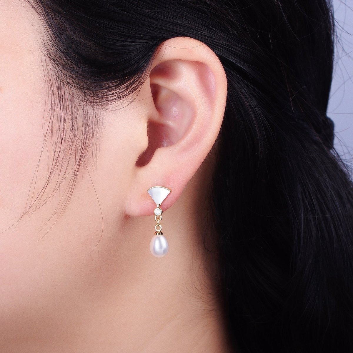 Pearl Drop Earrings Dainty Fan Shell Pearl Stud Earring with Dangling Pearl Charm AB724 - DLUXCA