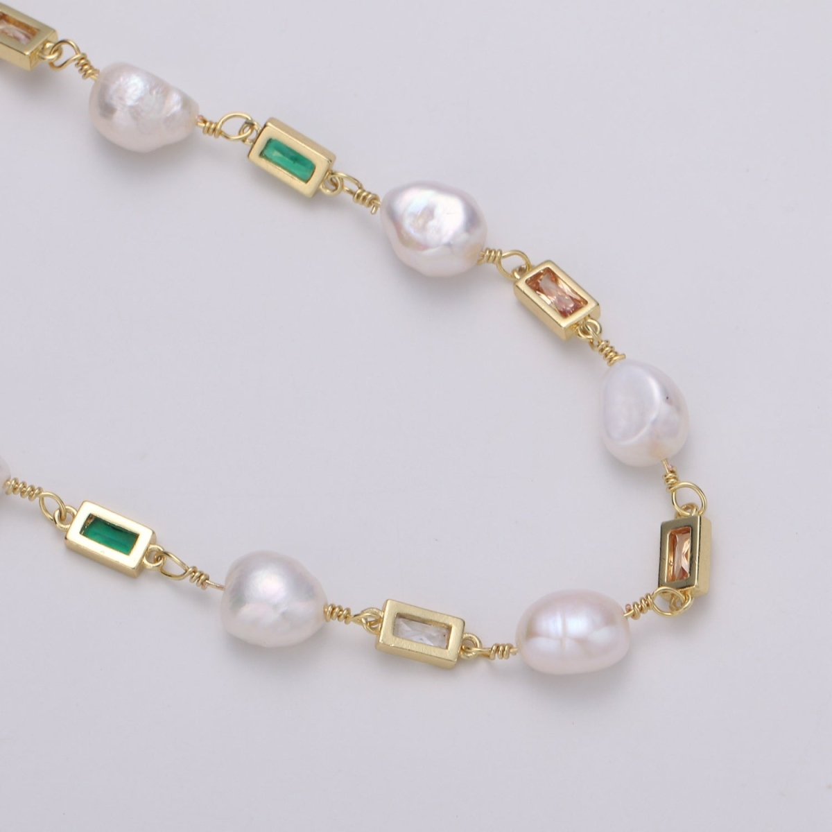 Pearl Micro Pave Charmed 24K Gold-Filled Chain by Yard, Multicolor Square Cubic Chain, Baroque Pearl CZ Chain | ROLL-319, ROLL-320, ROLL-321 Clearance Pricing - DLUXCA