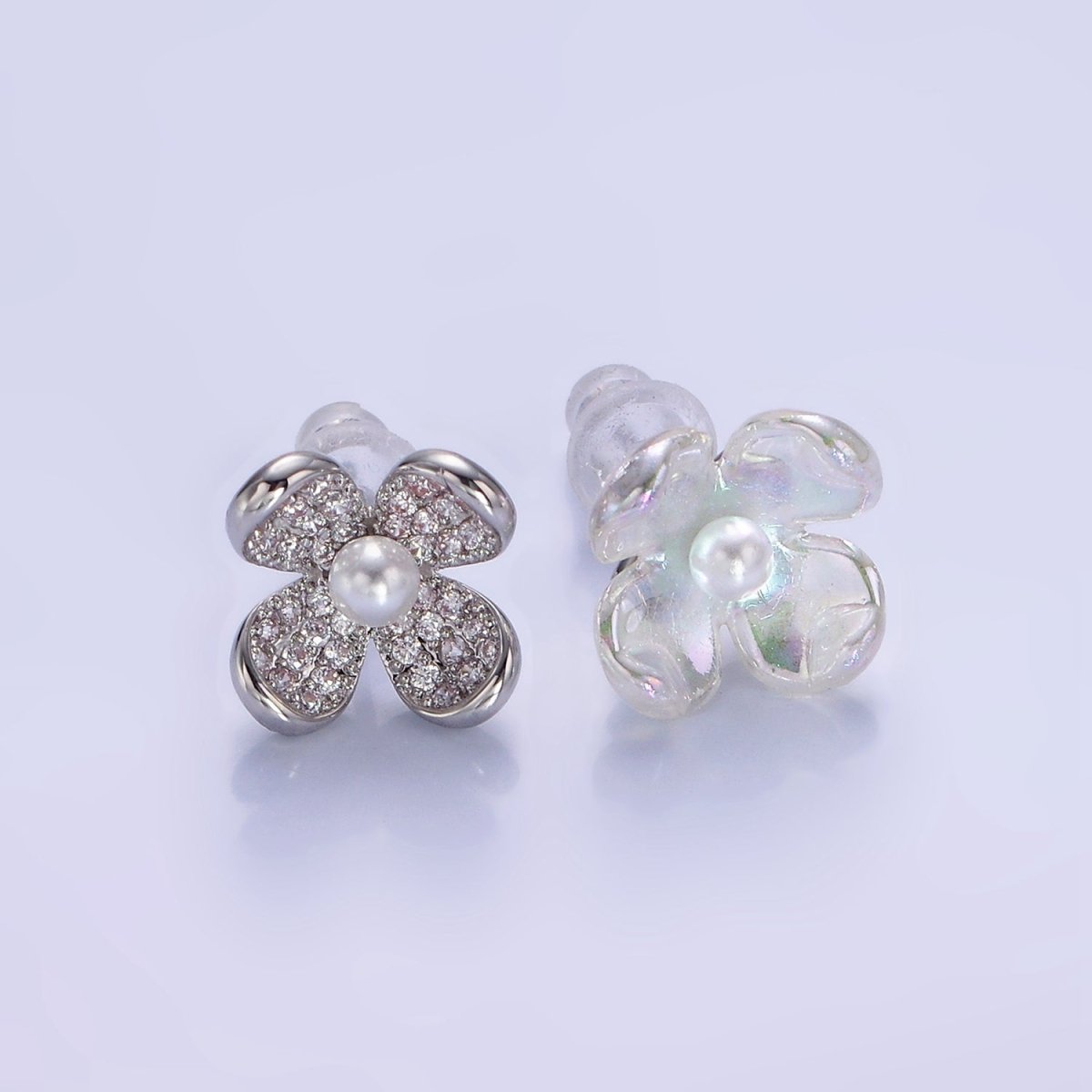 Pearl Micro Paved CZ AB Iridescent Acrylic Flower Stud Earrings Set in Gold & Silver | V496 V497 - DLUXCA