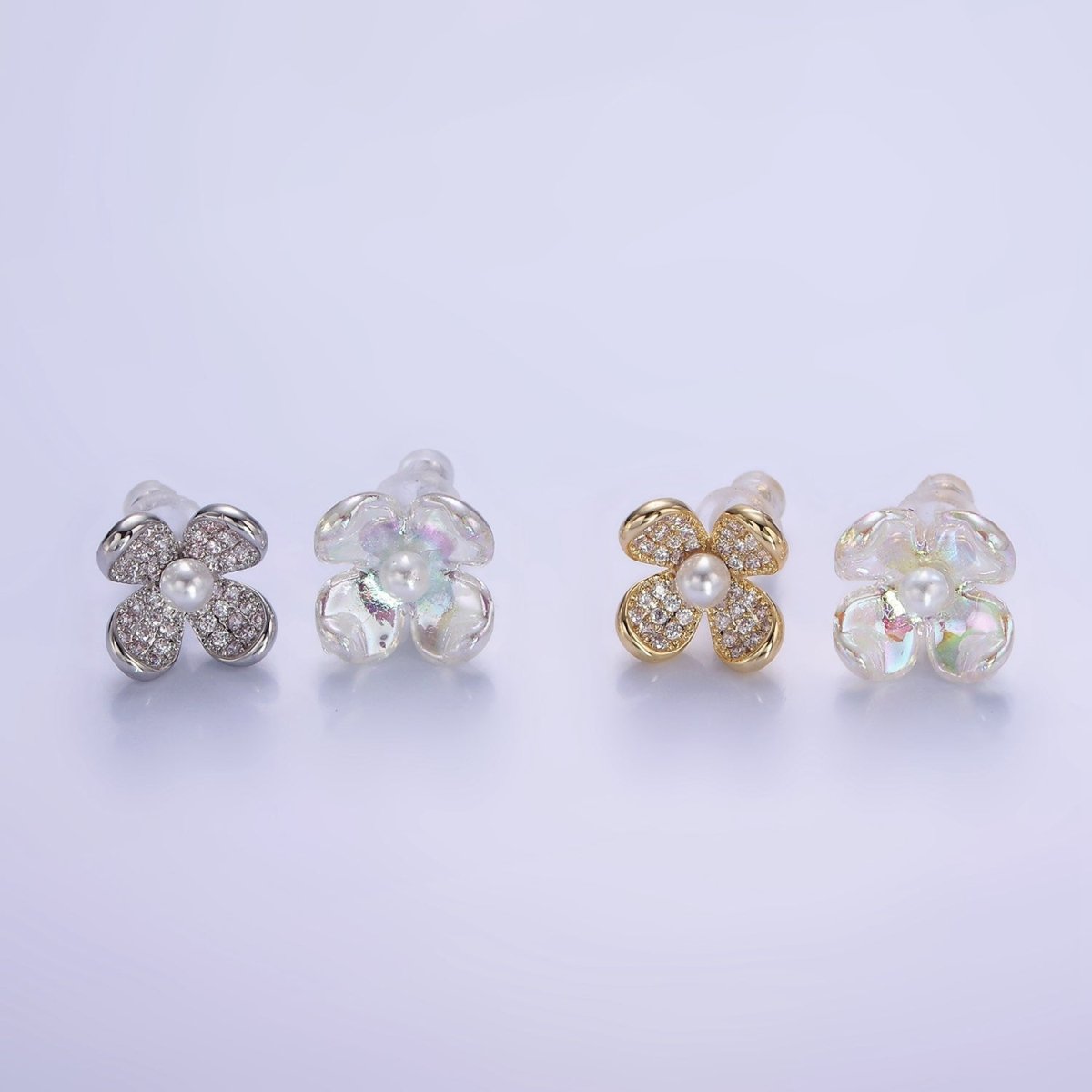 Pearl Micro Paved CZ AB Iridescent Acrylic Flower Stud Earrings Set in Gold & Silver | V496 V497 - DLUXCA