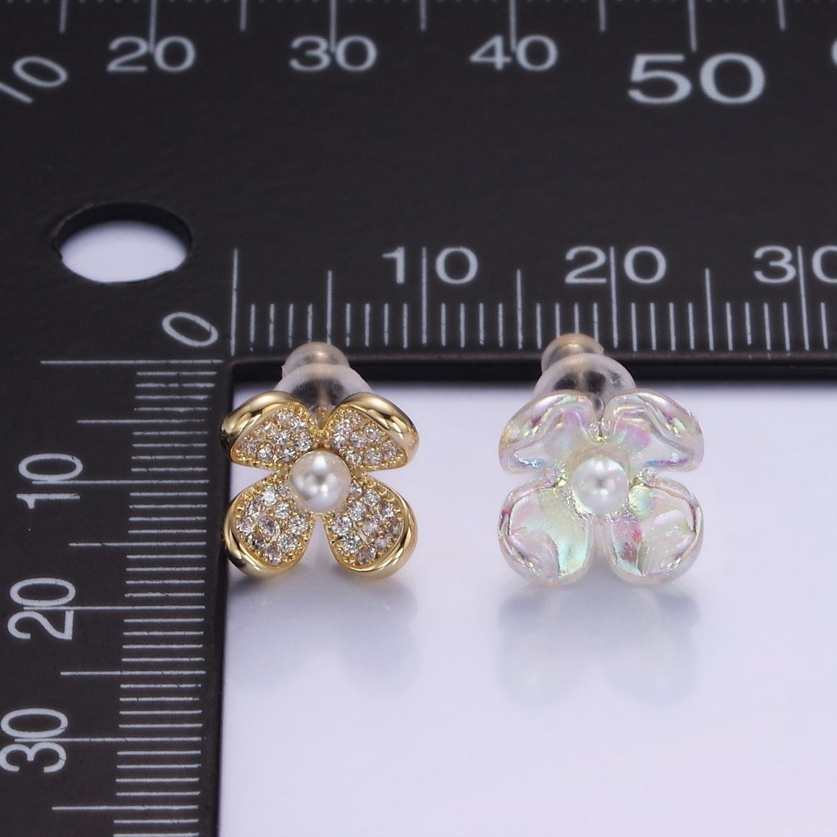 Pearl Micro Paved CZ AB Iridescent Acrylic Flower Stud Earrings Set in Gold & Silver | V496 V497 - DLUXCA