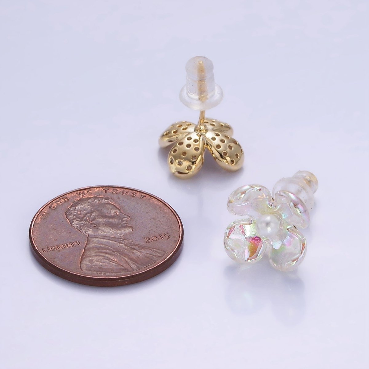 Pearl Micro Paved CZ AB Iridescent Acrylic Flower Stud Earrings Set in Gold & Silver | V496 V497 - DLUXCA