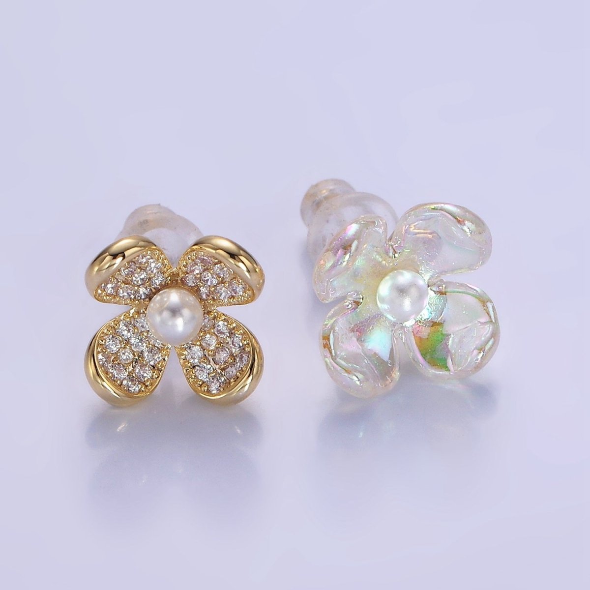 Pearl Micro Paved CZ AB Iridescent Acrylic Flower Stud Earrings Set in Gold & Silver | V496 V497 - DLUXCA