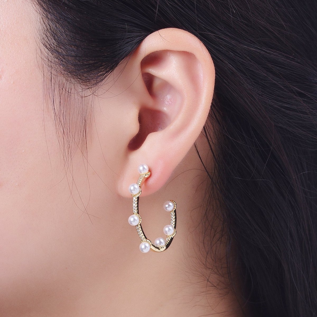 Pearl Micro Paved CZ Lined C-Shaped 32mm Hoop Earrings in Gold & Silver | AB062 AB063 - DLUXCA