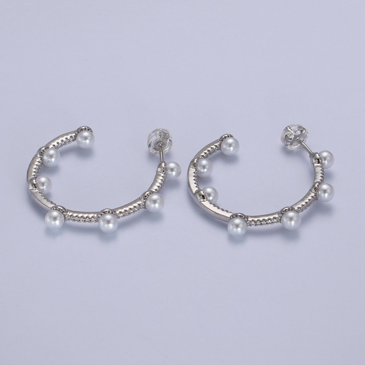 Pearl Micro Paved CZ Lined C-Shaped 32mm Hoop Earrings in Gold & Silver | AB062 AB063 - DLUXCA