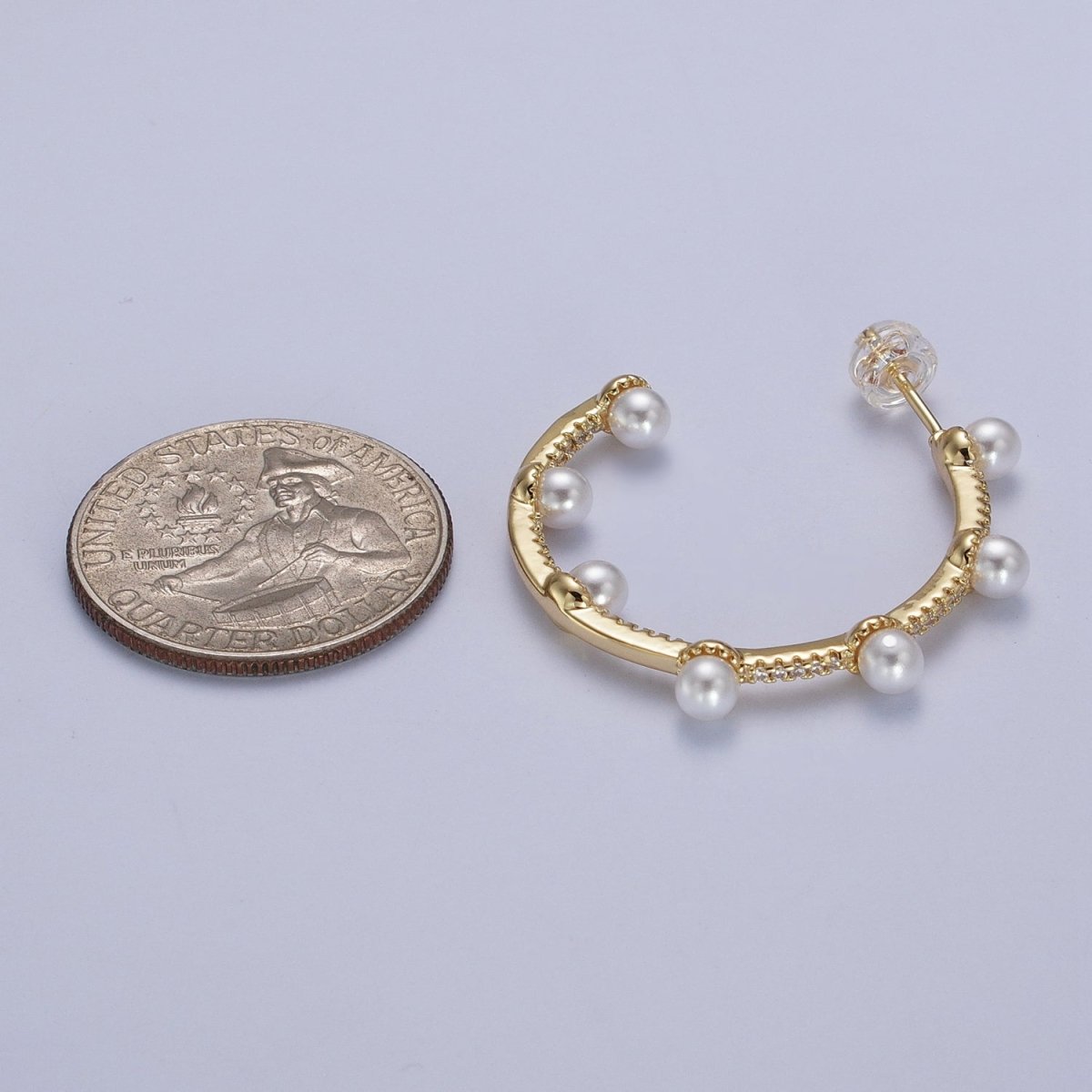 Pearl Micro Paved CZ Lined C-Shaped 32mm Hoop Earrings in Gold & Silver | AB062 AB063 - DLUXCA