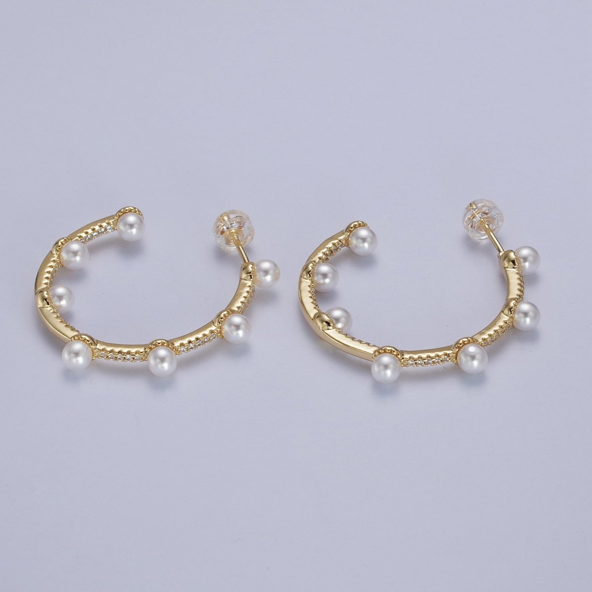 Pearl Micro Paved CZ Lined C-Shaped 32mm Hoop Earrings in Gold & Silver | AB062 AB063 - DLUXCA
