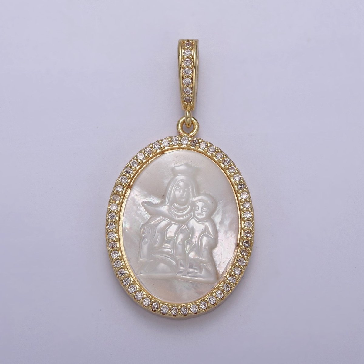 Pearl Virgin Mary Medallion Charm Gold Virgin Mary with baby Jesus pendant. Religious jewelry N-562 - DLUXCA